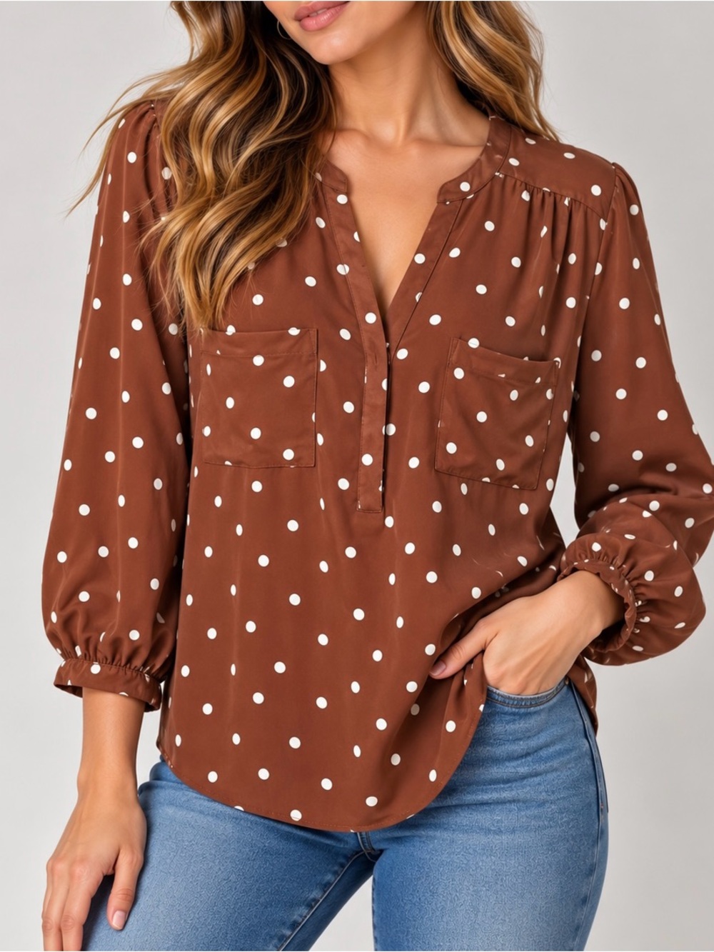 Torrid Harper Brown White Polka Dot Chiffon Georgette Blouse (Size 0 / US 12)